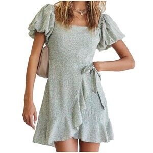 Row A Sage Green Floral Mini Dress Puff Sleeve Faux Wrap Cottagecore L